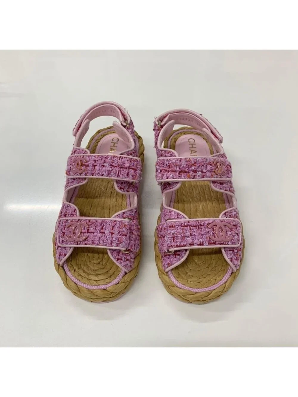 Chanel Tweed Patent CC Logo Velcro Sandals Pink